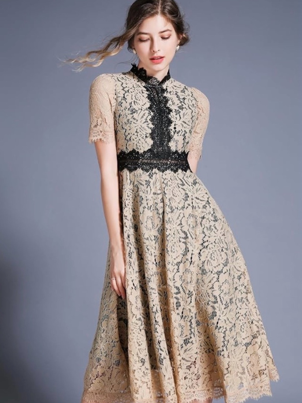 Elegant Beige Lace Midi Dress with Black Trim